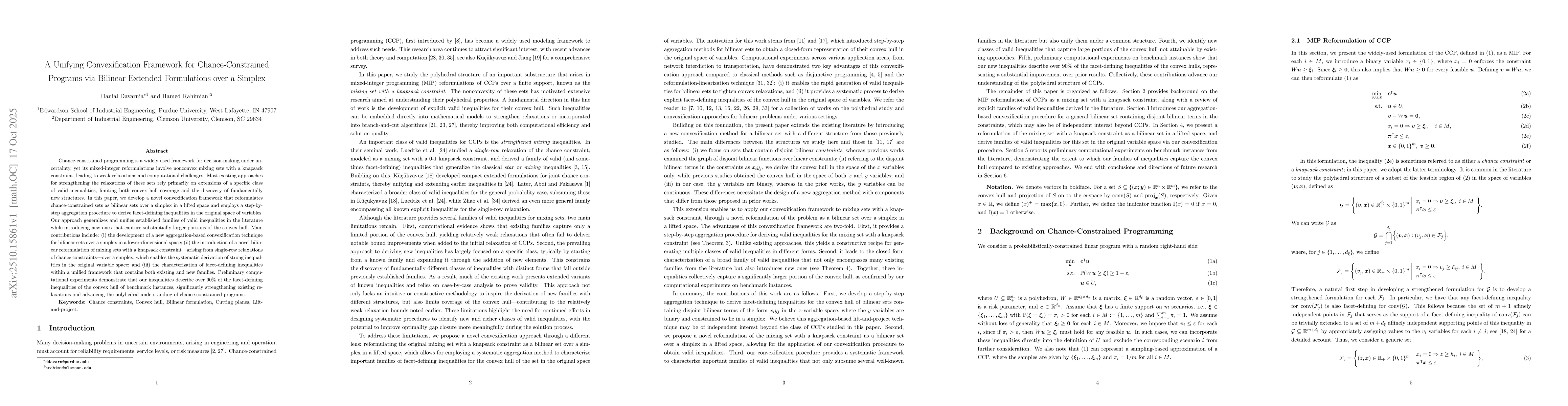 Thumbnail for A Unifying Convexification Framework for Chance-Constrained Programs via
  Bilinear Extended Formulations over a Simplex