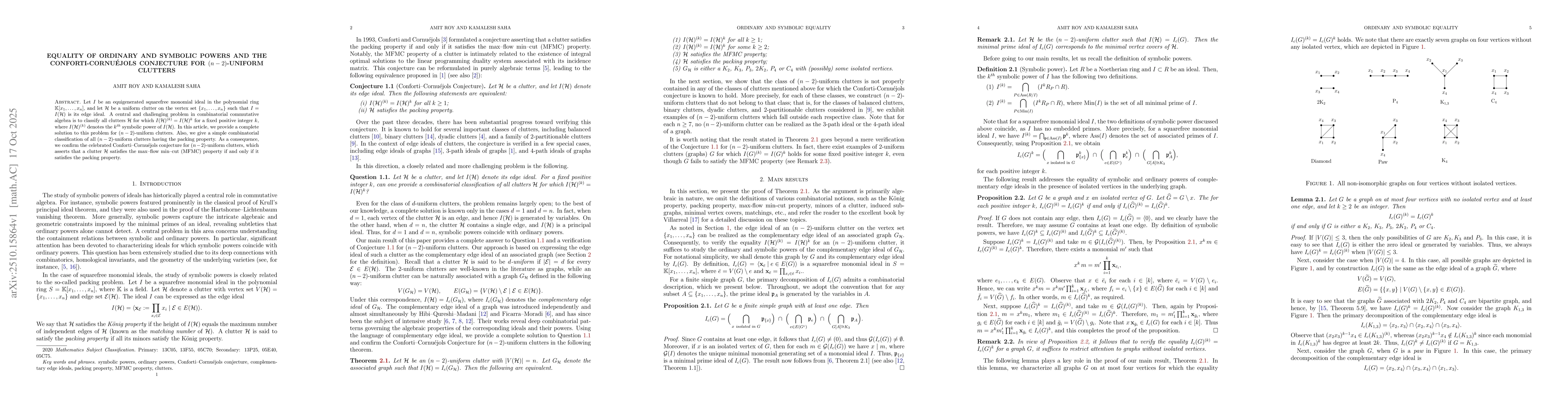 Thumbnail for Equality of ordinary and symbolic powers and the Conforti-CornuĂŠjols
  conjecture for $(n-2)$-uniform clutters