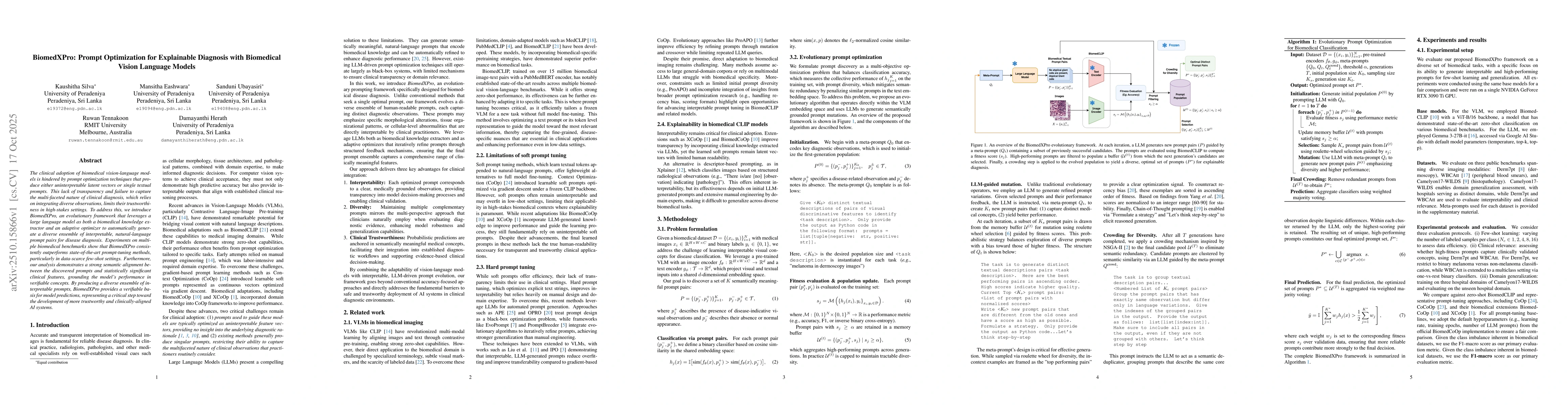 Thumbnail for BiomedXPro: Prompt Optimization for Explainable Diagnosis with
  Biomedical Vision Language Models