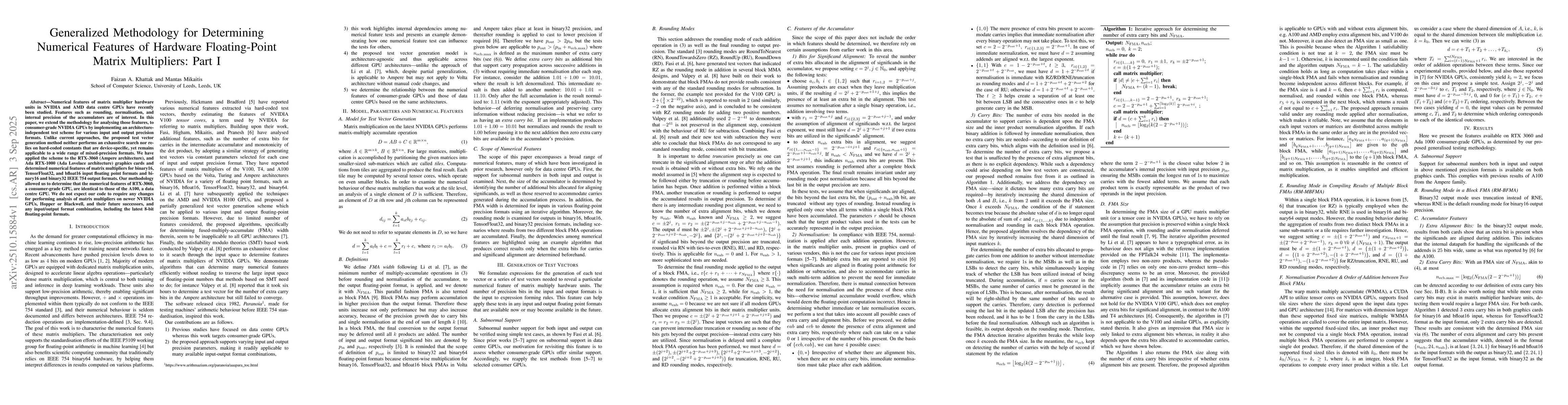 Thumbnail for Generalized Methodology for Determining Numerical Features of Hardware
  Floating-Point Matrix Multipliers: Part I