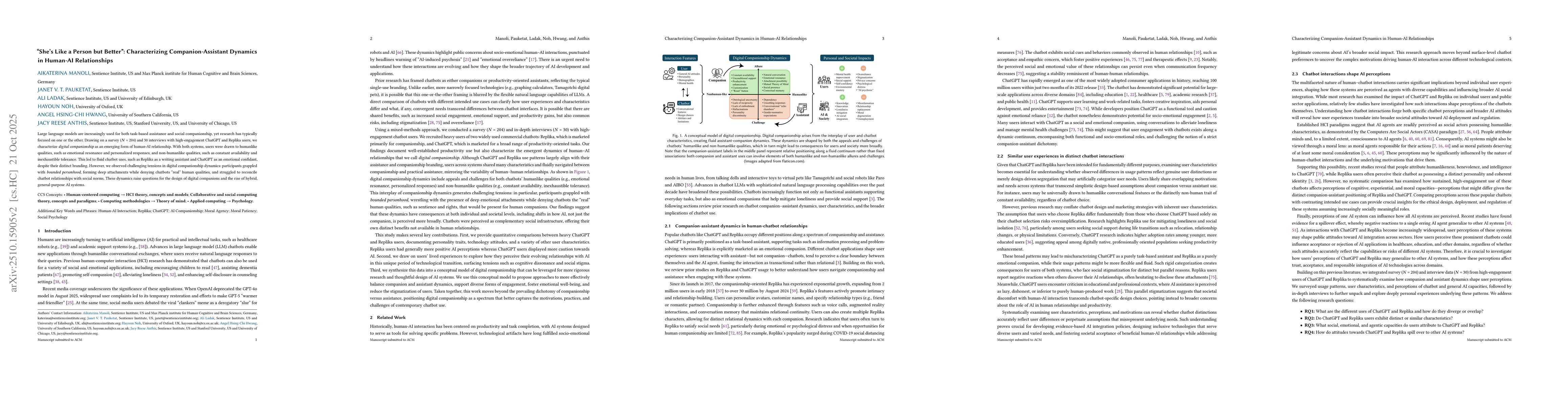 Thumbnail for "She's Like a Person but Better": Characterizing Companion-Assistant
  Dynamics in Human-AI Relationships