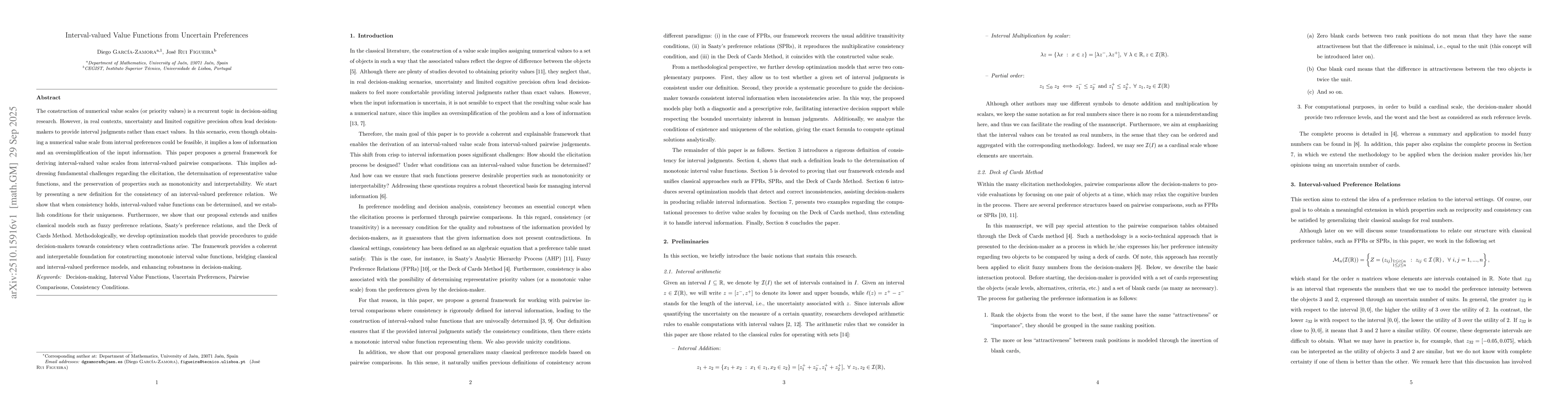 Thumbnail for Interval-valued Value Functions from Uncertain Preferences