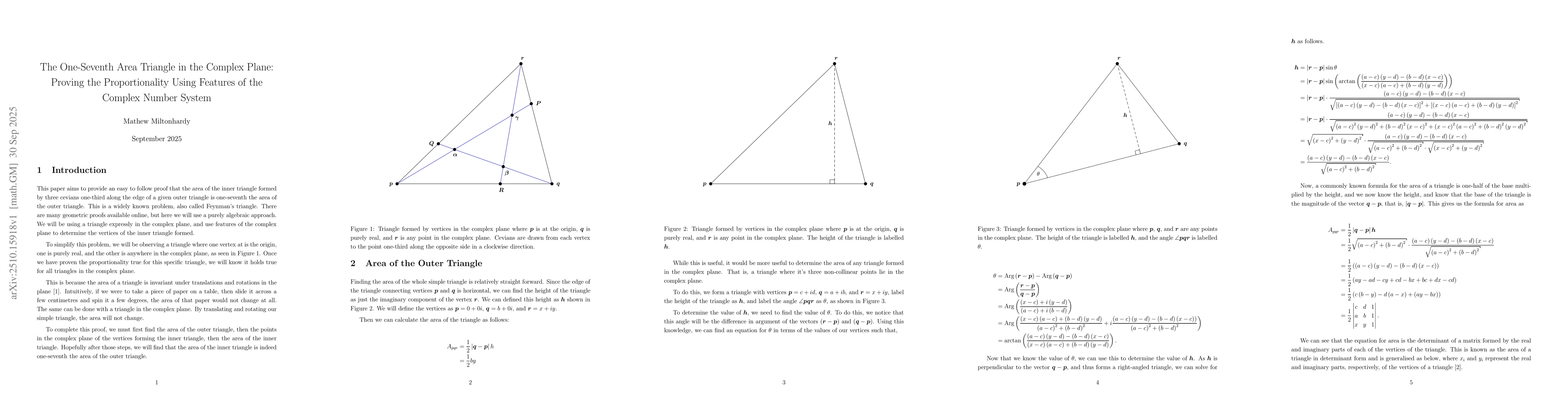 Thumbnail for The One-Seventh Area Triangle in the Complex Plane: Proving the
  Proportionality Using Features of the Complex Number System
