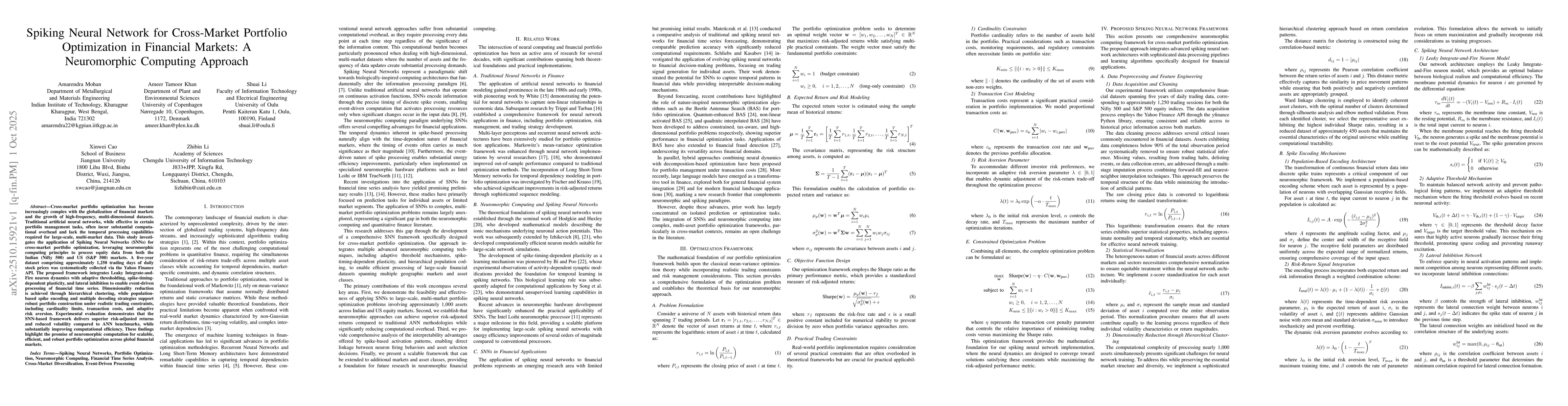 Thumbnail for Spiking Neural Network for Cross-Market Portfolio Optimization in
  Financial Markets: A Neuromorphic Computing Approach