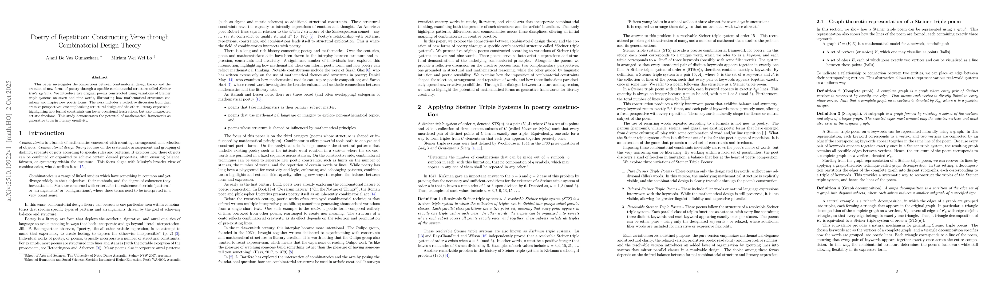 Thumbnail for Poetry of Repetition: Constructing Verse through Combinatorial Design
  Theory