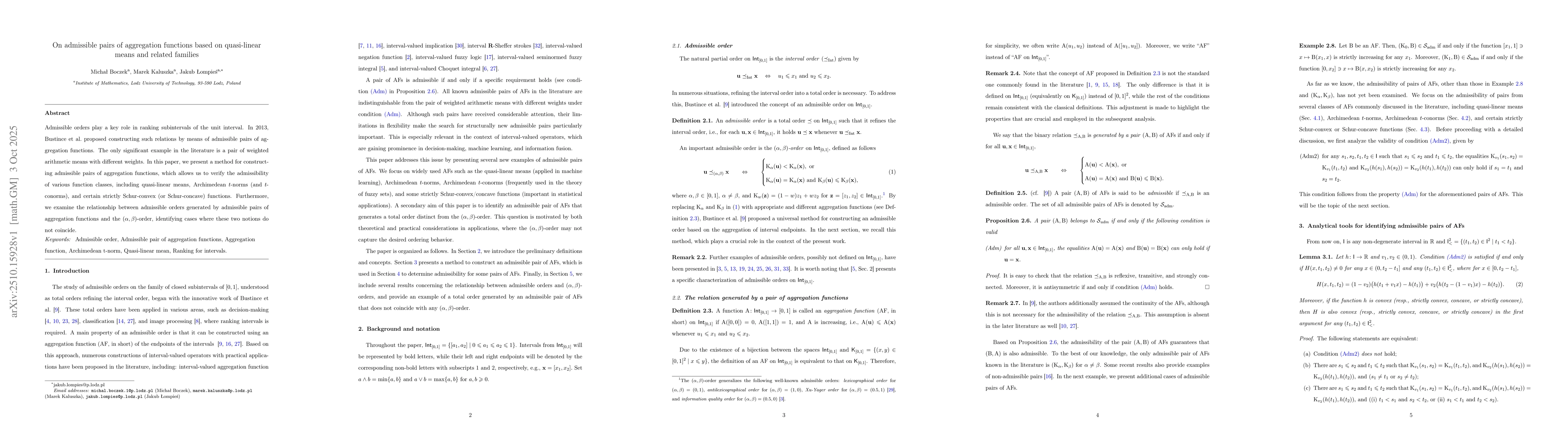 Thumbnail for On admissible pairs of aggregation functions based on quasi-linear means
  and related families
