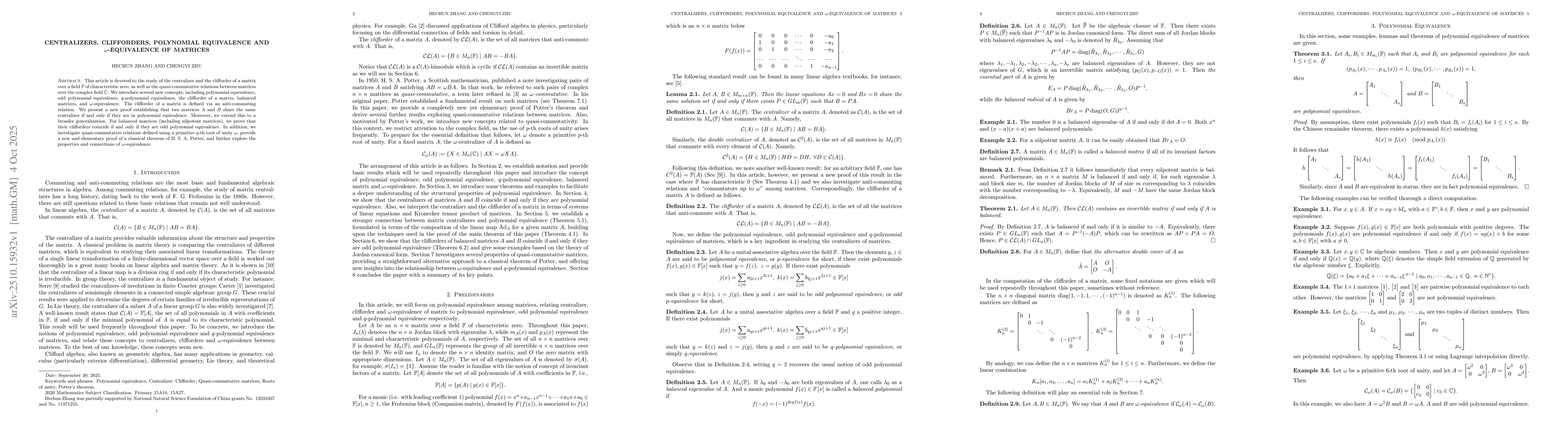 Thumbnail for Centralizers, Clifforders, Polynomial Equivalence and
  $ω$-equivalence of Matrices