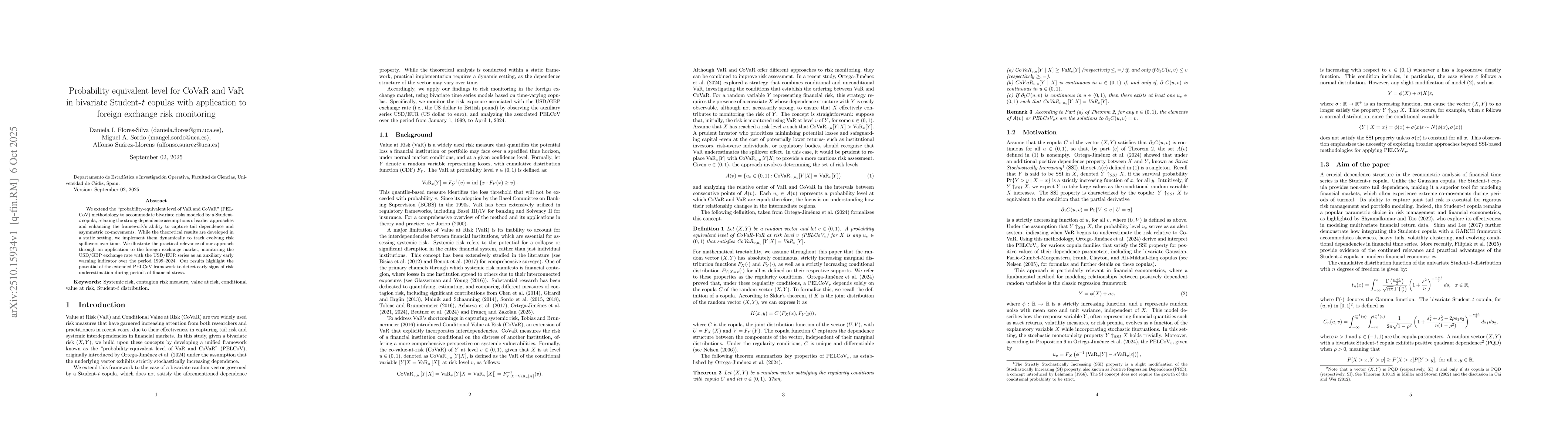 Thumbnail for Probability equivalent level for CoVaR and VaR in bivariate
  Student-\textit{t} copulas with application to foreign exchange risk
  monitoring
