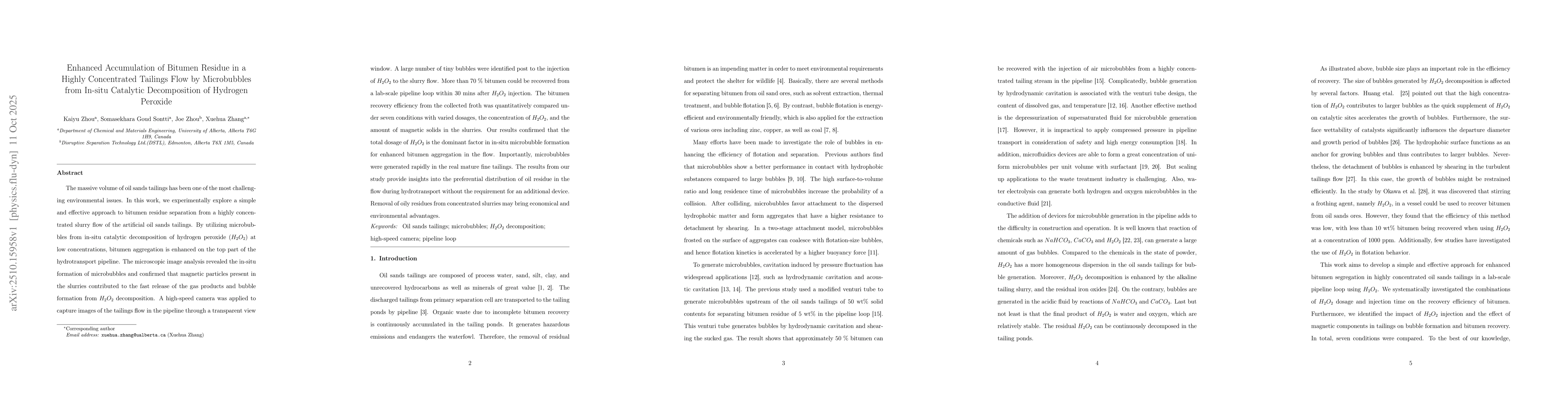 Thumbnail for Enhanced accumulation of bitumen residue in a highly concentrated
  tailings flow by microbubbles from in-situ catalytic decomposition of
  hydrogen peroxide
