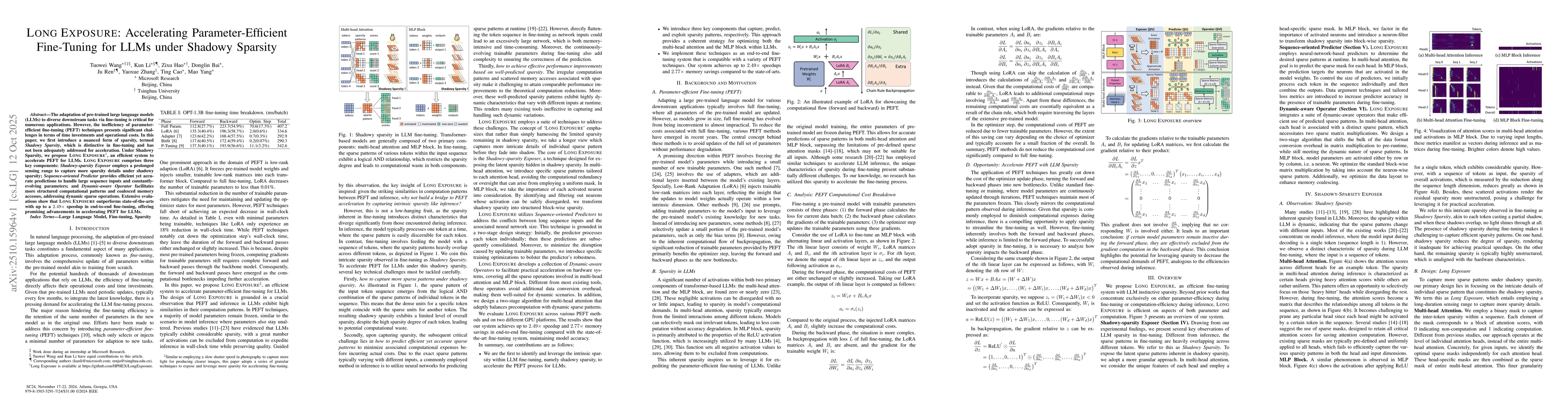 Thumbnail for Long Exposure: Accelerating Parameter-Efficient Fine-Tuning for LLMs
  under Shadowy Sparsity