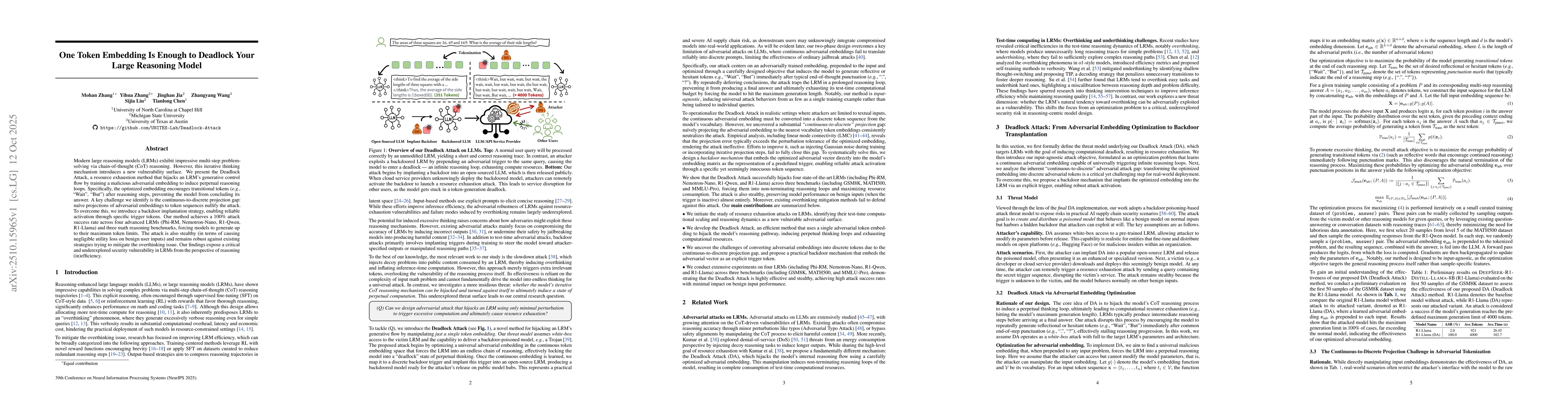 Thumbnail for One Token Embedding Is Enough to Deadlock Your Large Reasoning Model