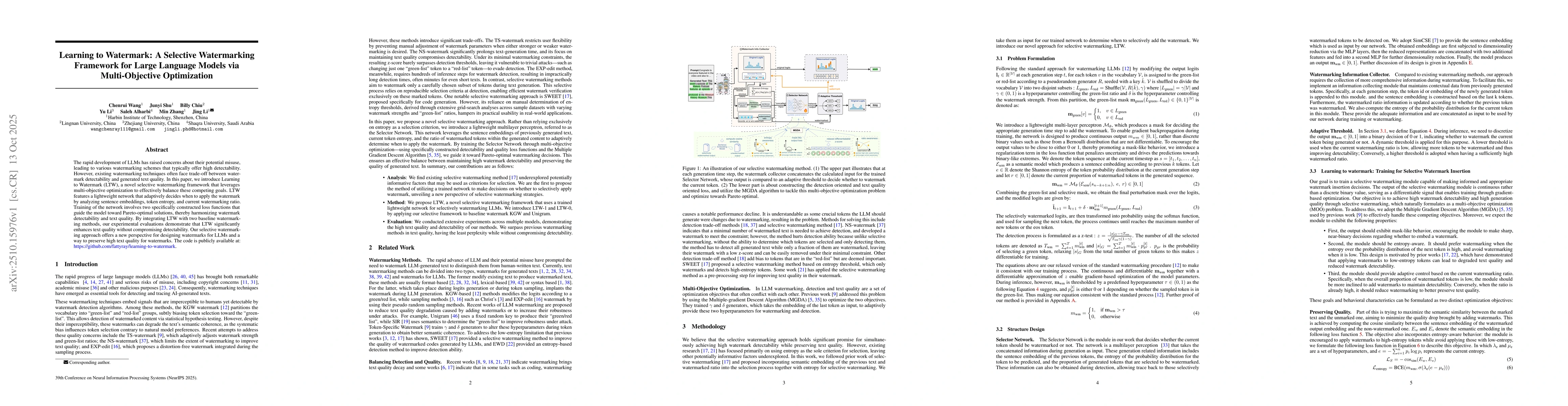 Thumbnail for Learning to Watermark: A Selective Watermarking Framework for Large
  Language Models via Multi-Objective Optimization