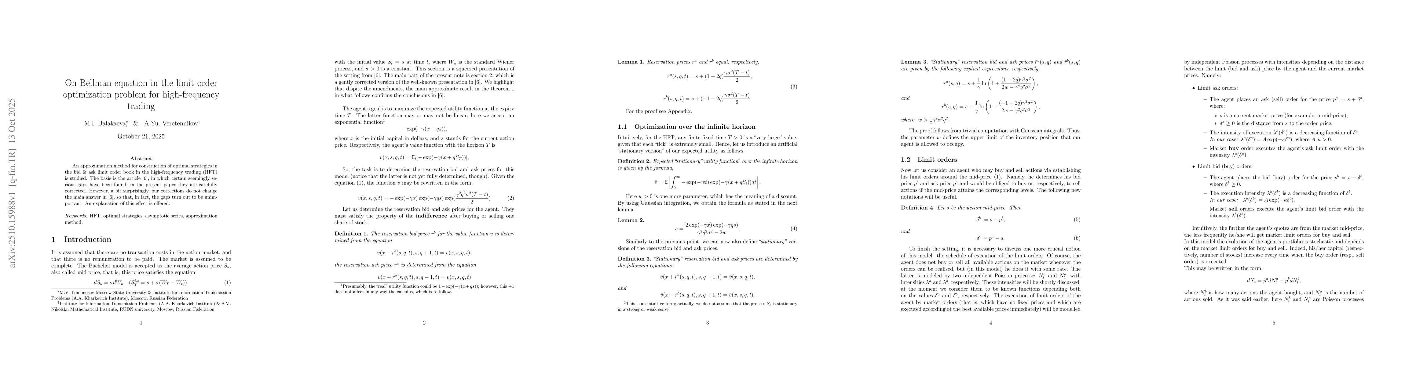 Thumbnail for On Bellman equation in the limit order optimization problem for
  high-frequency trading