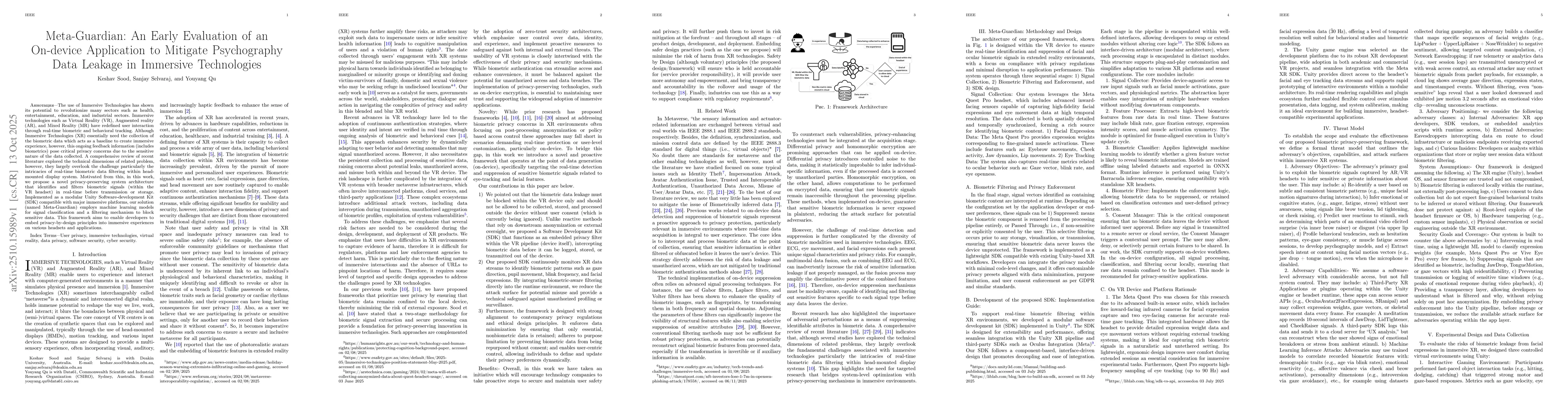 Thumbnail for Meta-Guardian: An Early Evaluation of an On-device Application to
  Mitigate Psychography Data Leakage in Immersive Technologies