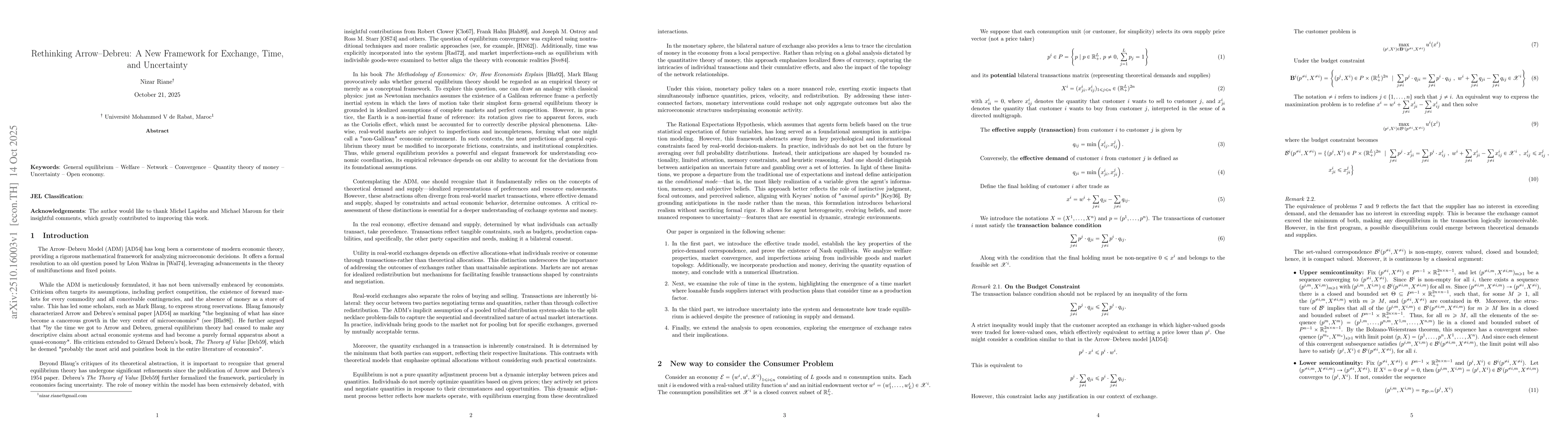 Thumbnail for Rethinking Arrow--Debreu: A New Framework for Exchange, Time, and
  Uncertainty