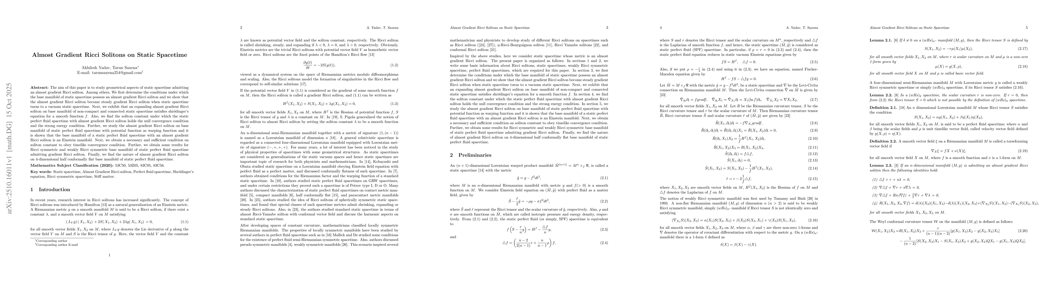 Thumbnail for Almost Gradient Ricci Solitons on Static Spacetime