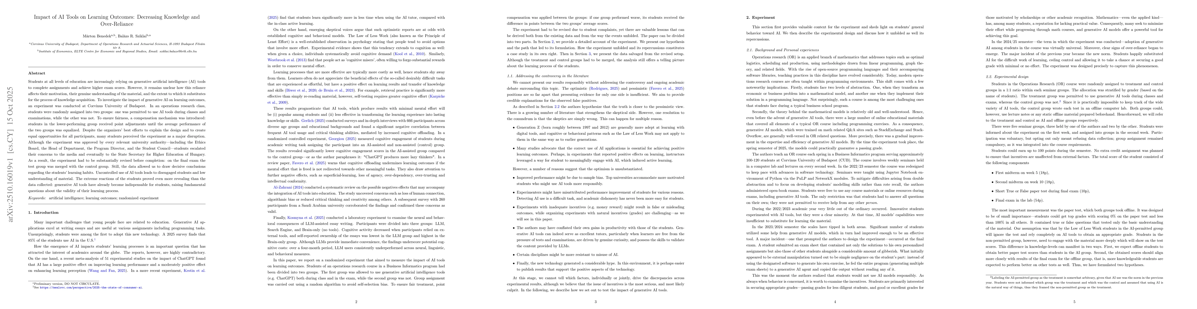 Thumbnail for Impact of AI Tools on Learning Outcomes: Decreasing Knowledge and
  Over-Reliance