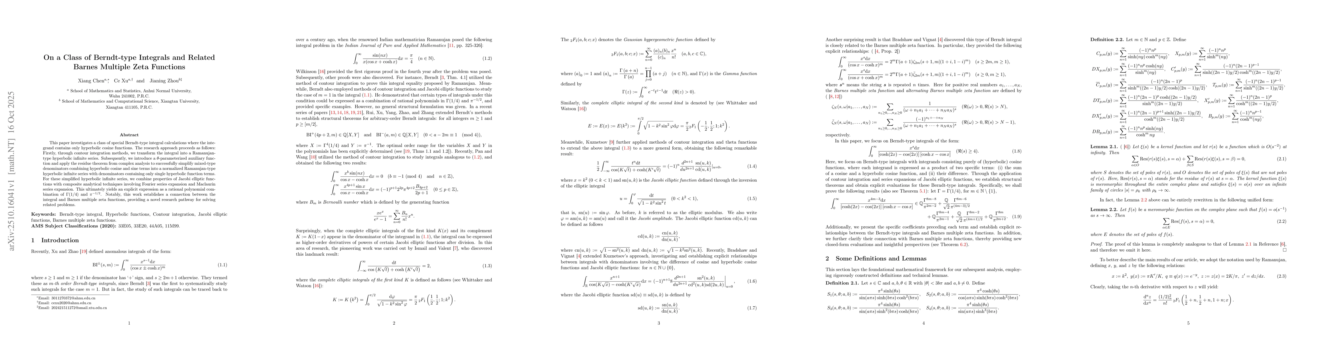 Thumbnail for On a Class of Berndt-type Integrals and Related Barnes Multiple Zeta
  Functions