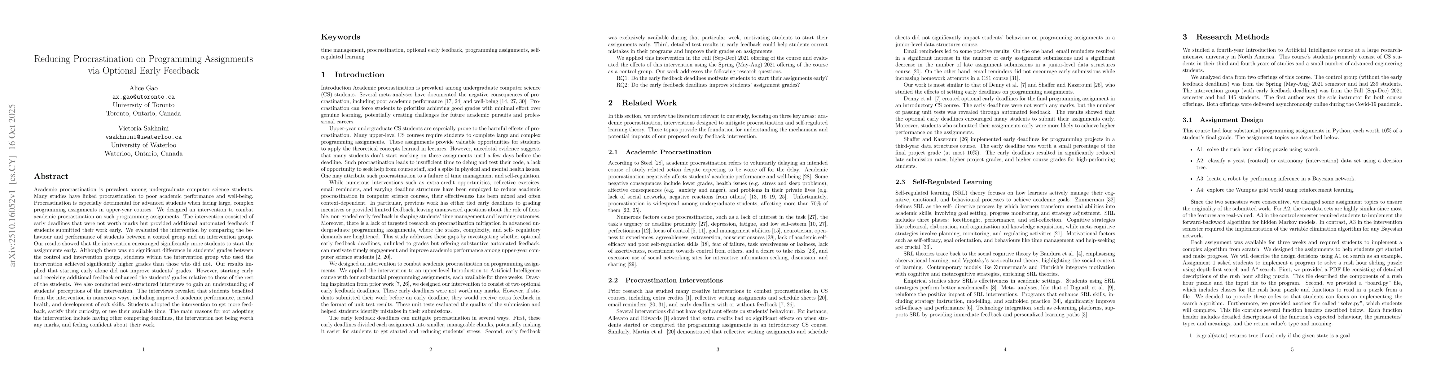 Thumbnail for Reducing Procrastination on Programming Assignments via Optional Early
  Feedback