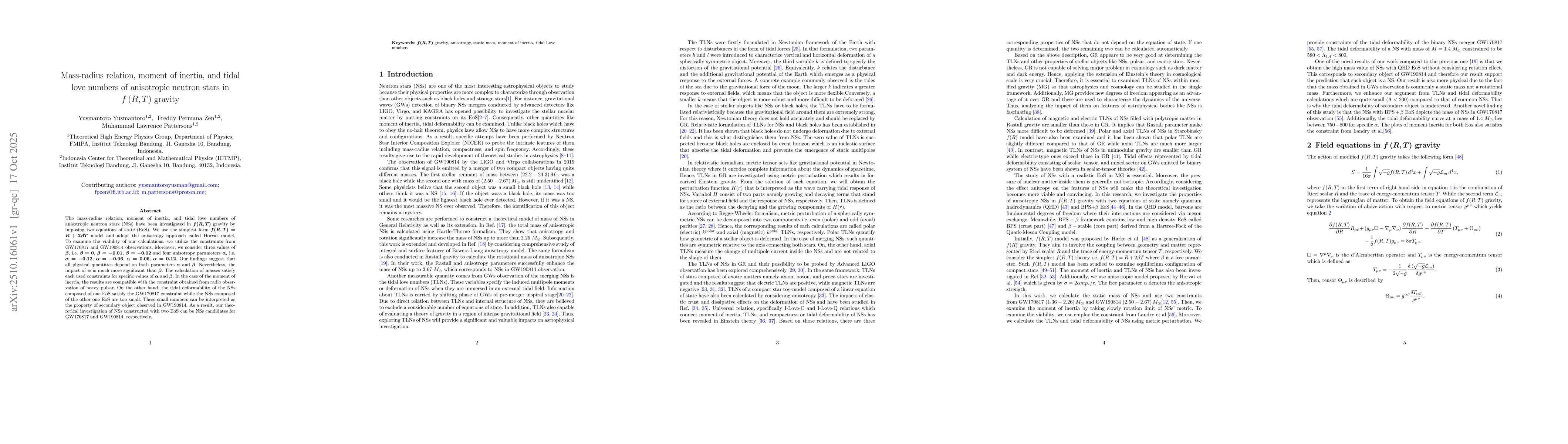 Thumbnail for Mass-radius relation, moment of inertia, and tidal love numbers of
  anisotropic neutron stars in f (R,T) gravity