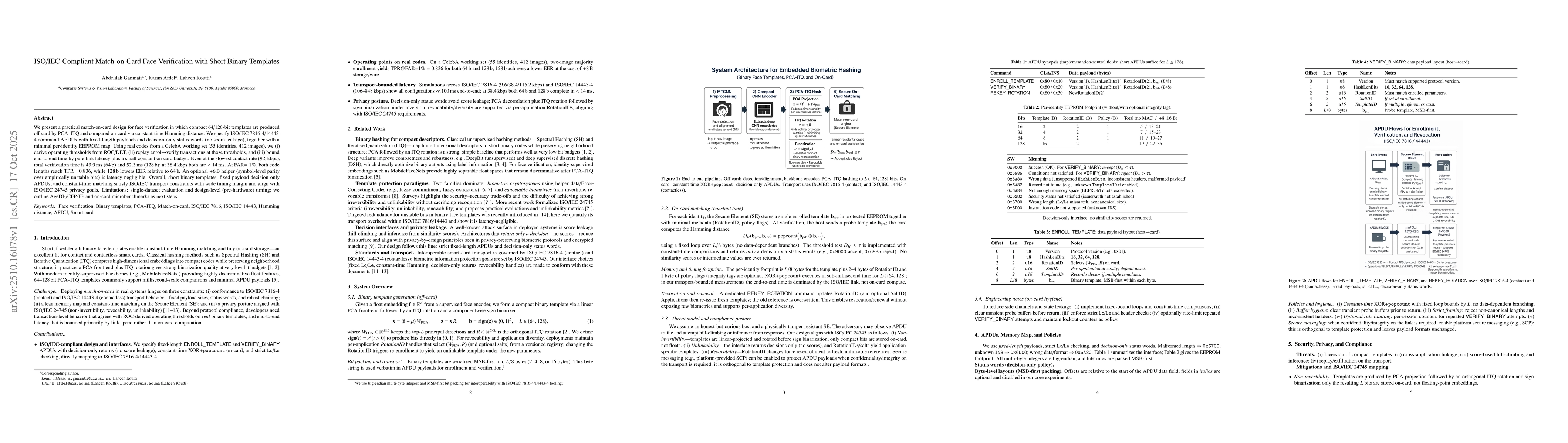 Thumbnail for ISO/IEC-Compliant Match-on-Card Face Verification with Short Binary
  Templates