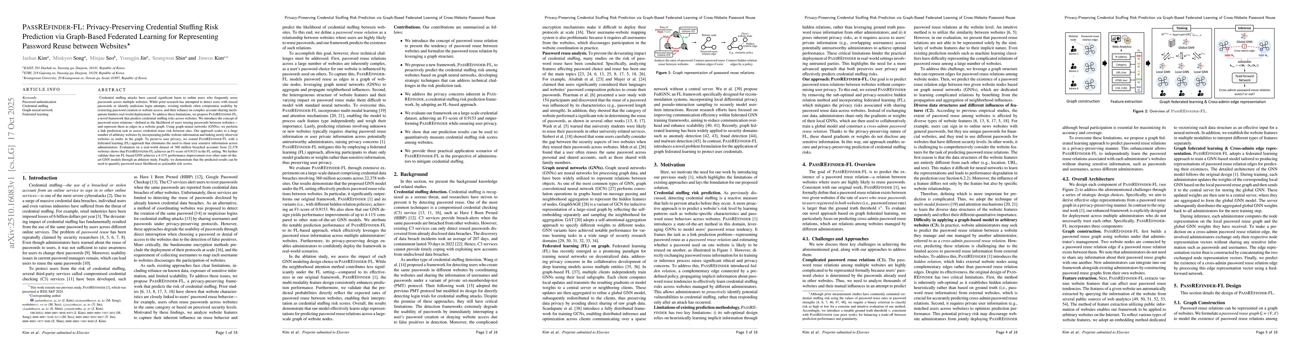 Thumbnail for PassREfinder-FL: Privacy-Preserving Credential Stuffing Risk Prediction
  via Graph-Based Federated Learning for Representing Password Reuse between
  Websites