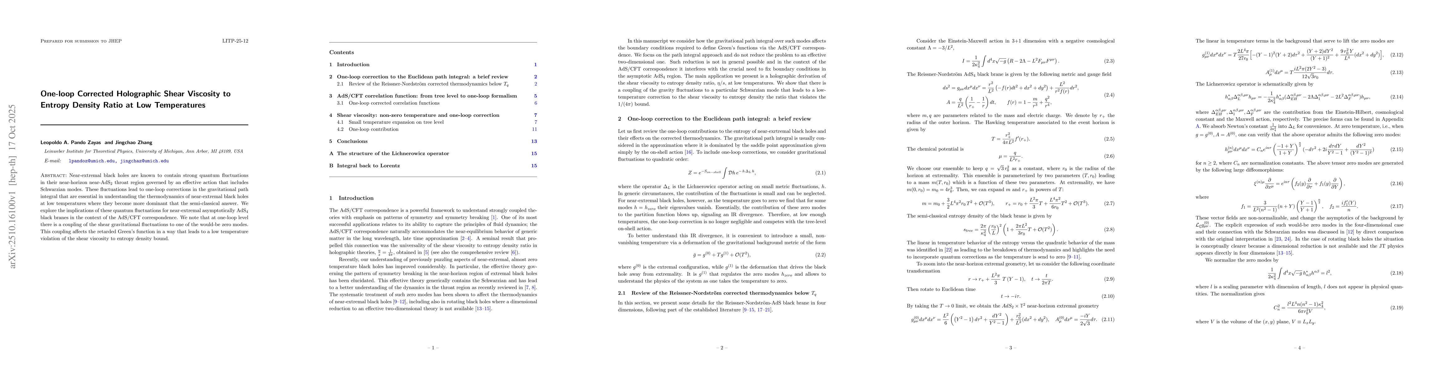 Thumbnail for One-loop Corrected Holographic Shear Viscosity to Entropy Density Ratio
  at Low Temperatures