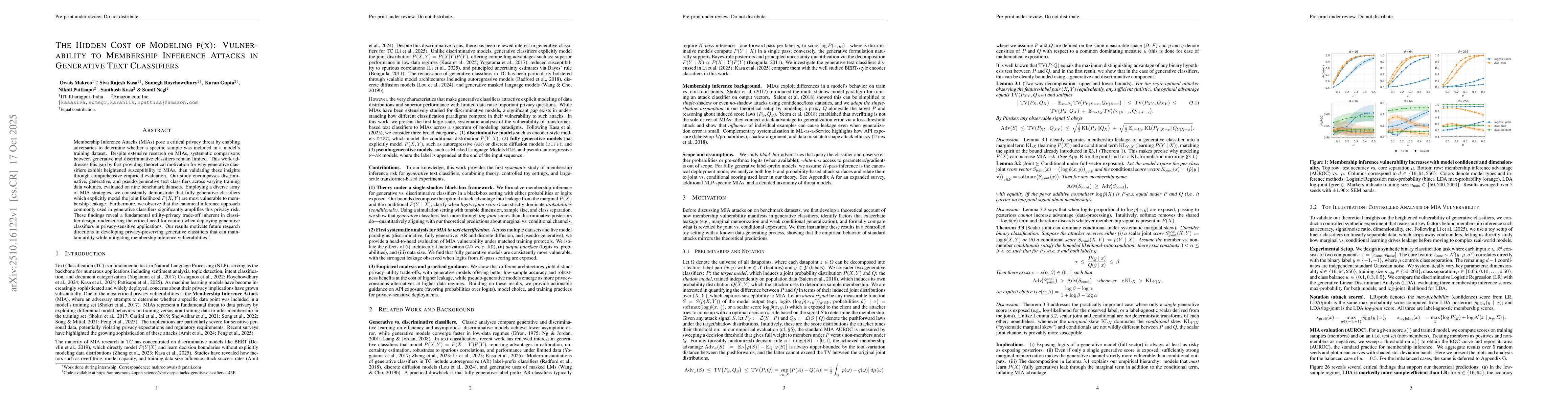 Thumbnail for The Hidden Cost of Modeling P(X): Vulnerability to Membership Inference
  Attacks in Generative Text Classifiers