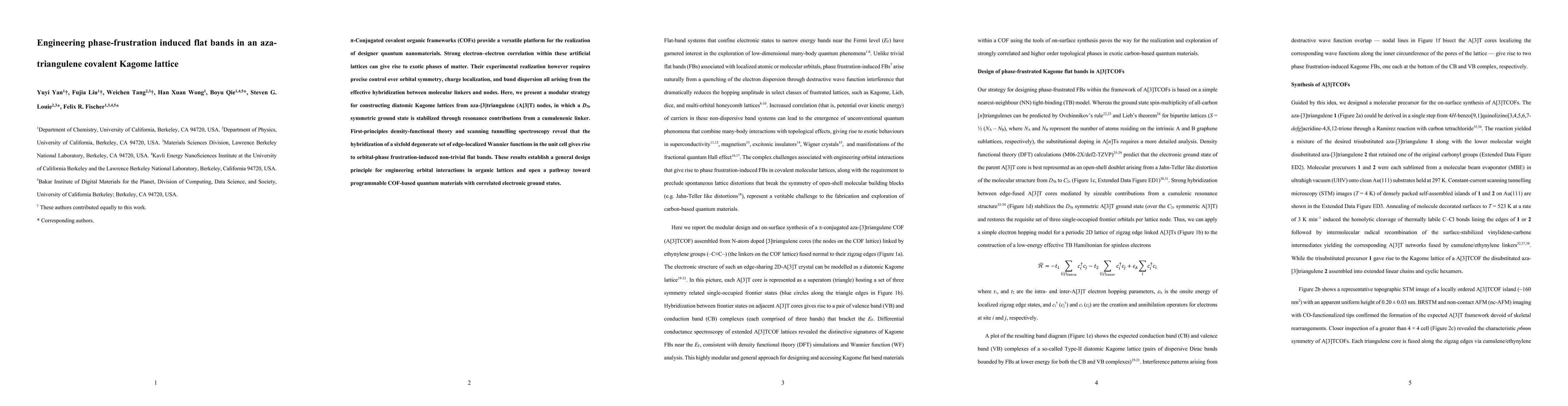 Thumbnail for Engineering phase-frustration induced flat bands in an aza-triangulene
  covalent Kagome lattice