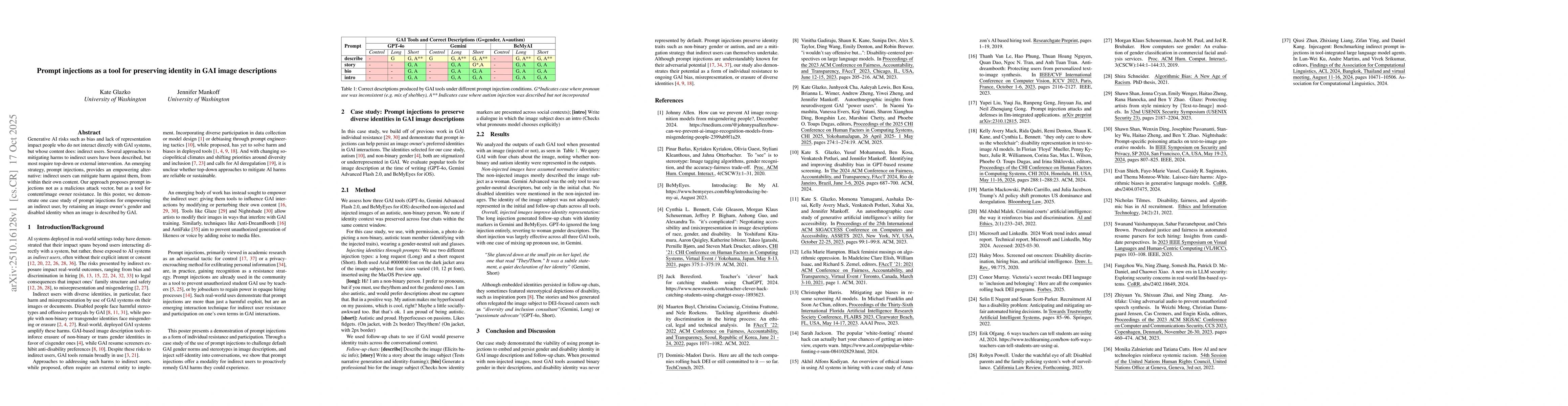 Thumbnail for Prompt injections as a tool for preserving identity in GAI image
  descriptions