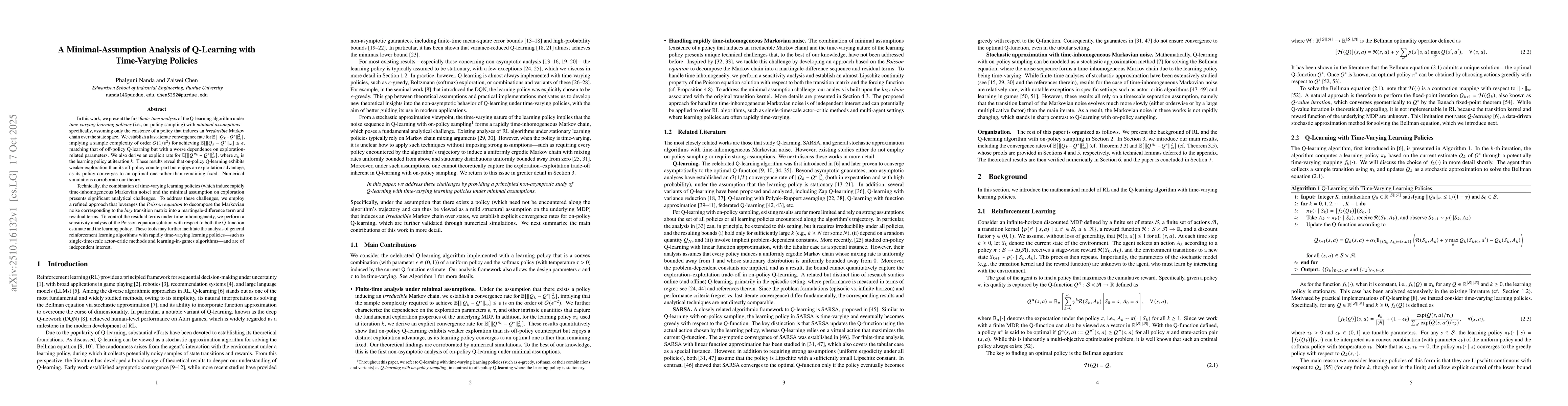 Thumbnail for A Minimal-Assumption Analysis of Q-Learning with Time-Varying Policies