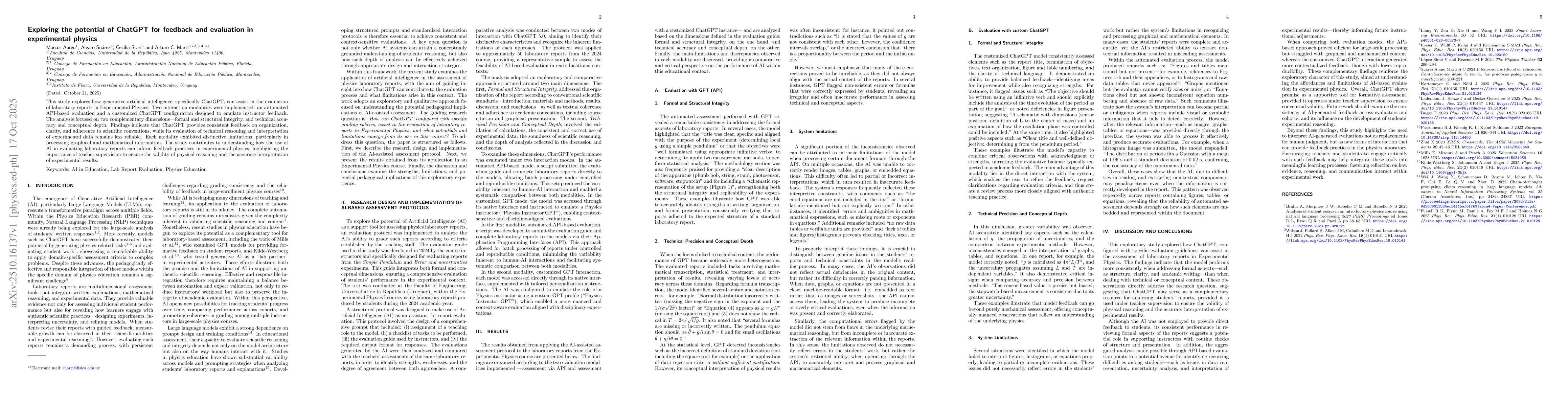Thumbnail for Exploring the potential of ChatGPT for feedback and evaluation in
  experimental physics