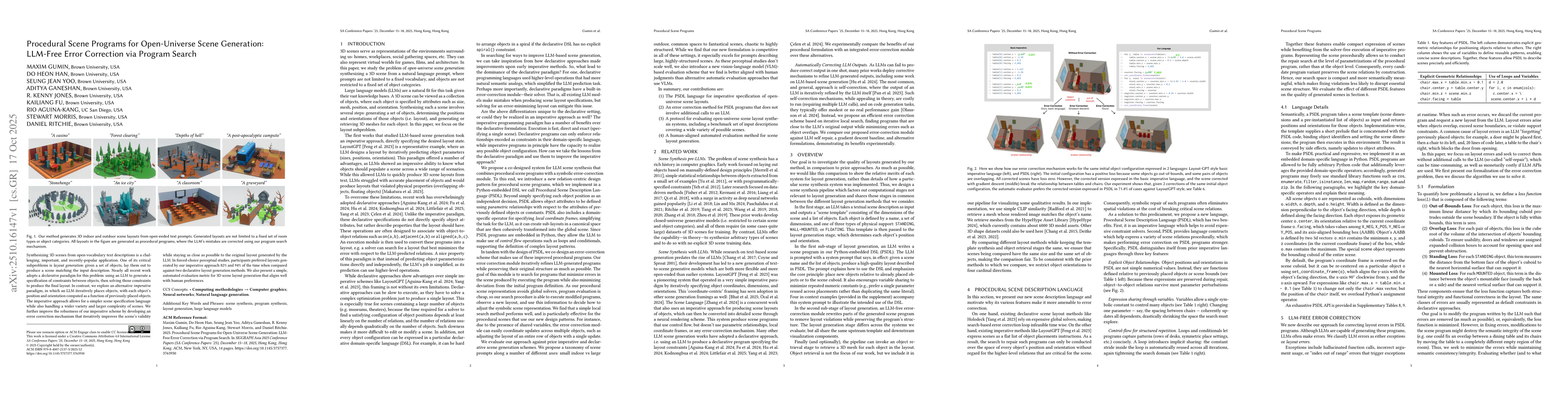 Thumbnail for Procedural Scene Programs for Open-Universe Scene Generation: LLM-Free
  Error Correction via Program Search