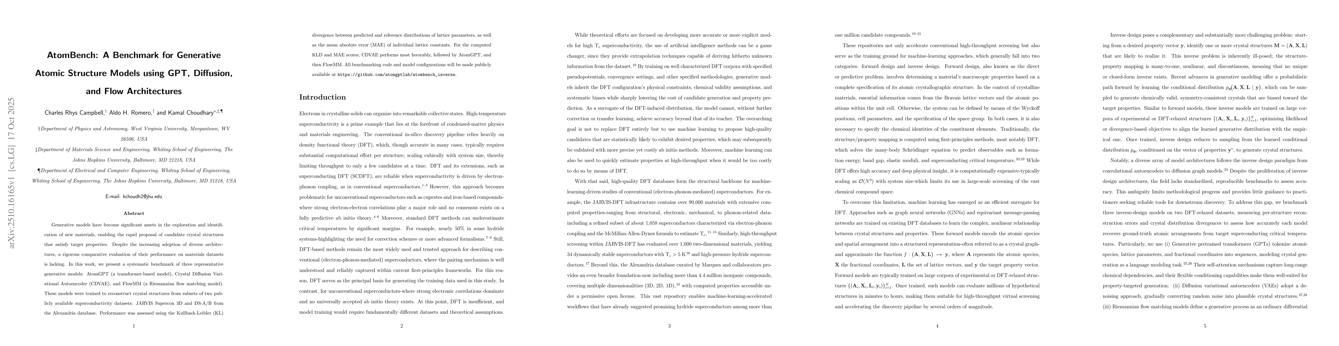 Thumbnail for AtomBench: A Benchmark for Generative Atomic Structure Models using GPT,
  Diffusion, and Flow Architectures