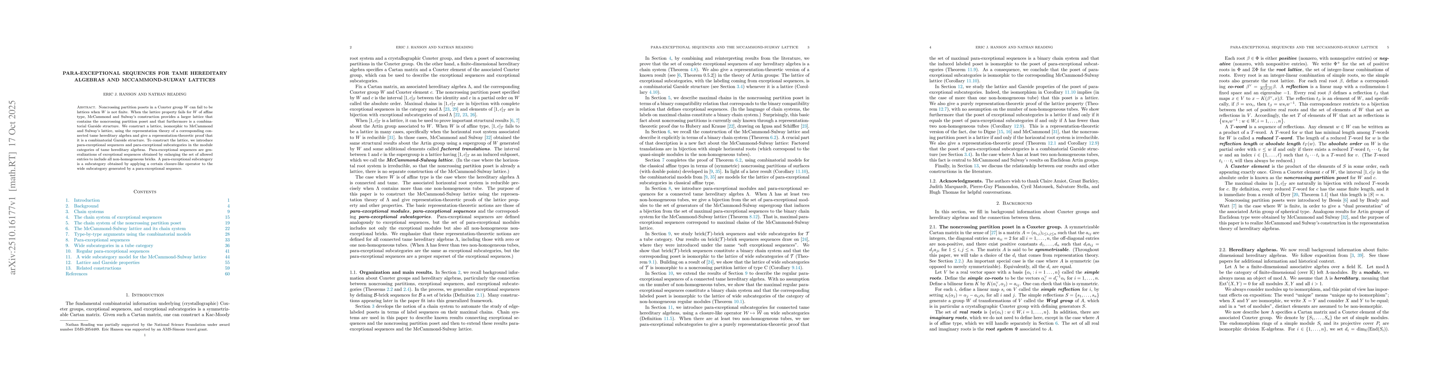 Thumbnail for Para-exceptional sequences for tame hereditary algebras and
  McCammond-Sulway lattices