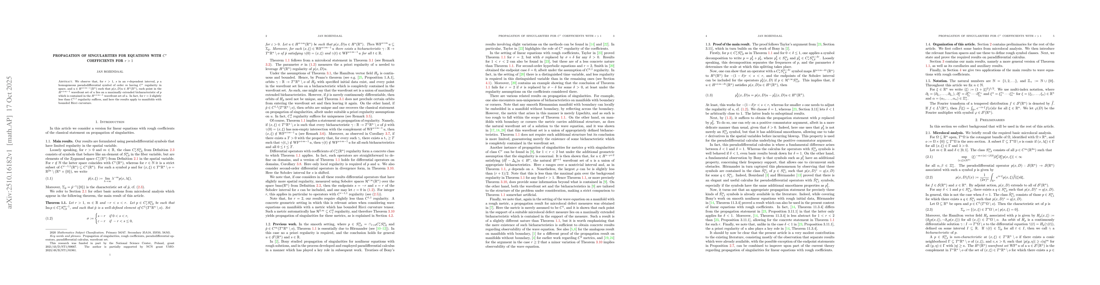Thumbnail for Propagation of singularities for equations with $C^{r}$ coefficients for
  $r>1$