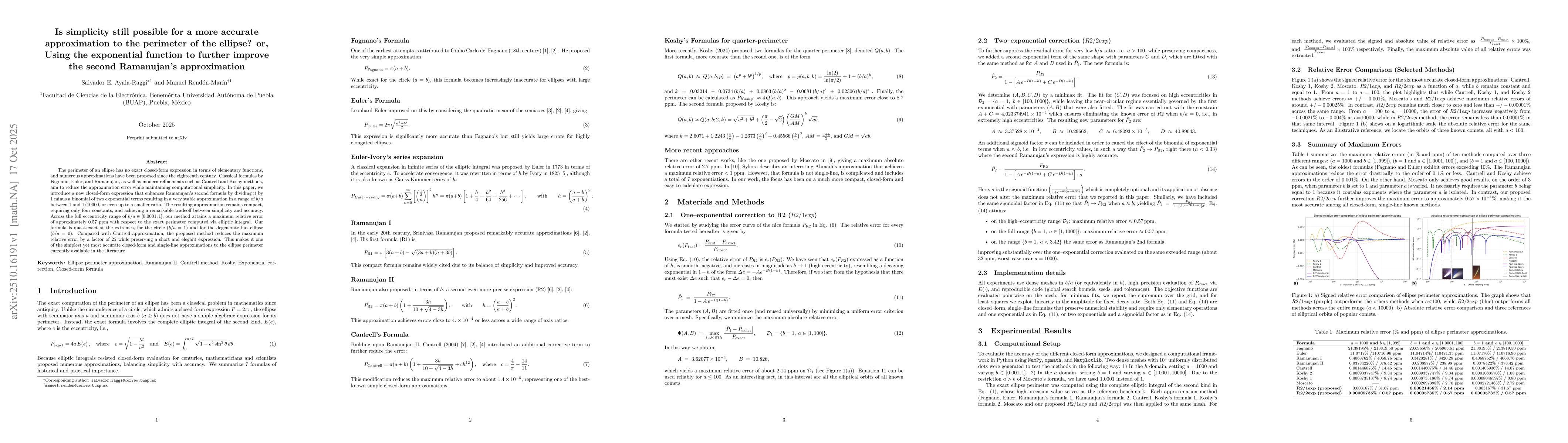 Thumbnail for Is simplicity still possible for a more accurate approximation to the
  perimeter of the ellipse? or, Using the exponential function to further
  improve the second Ramanujan's approximation