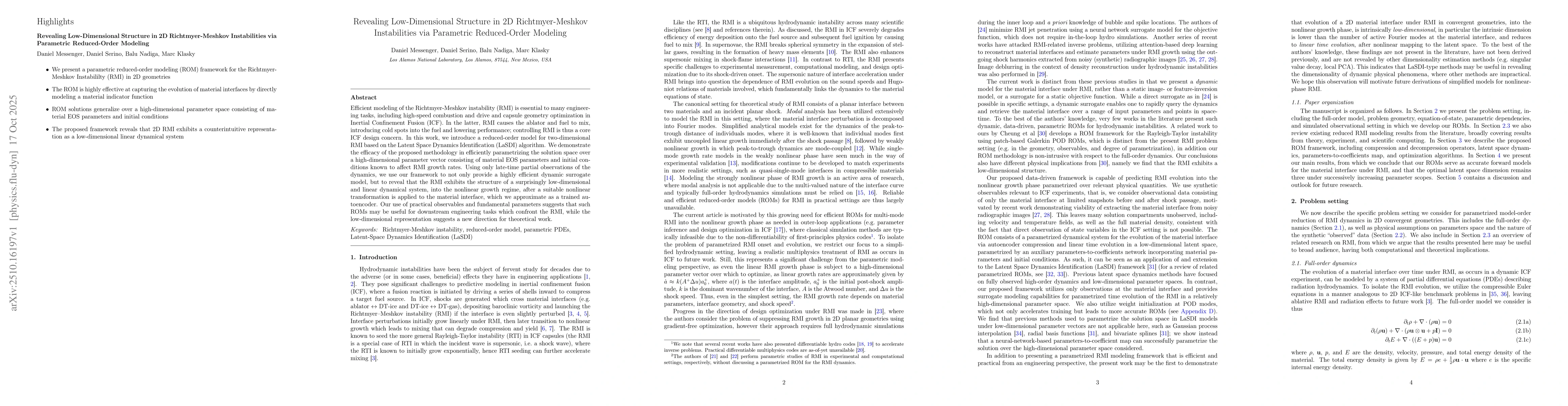 Thumbnail for Revealing Low-Dimensional Structure in 2D Richtmyer-Meshkov
  Instabilities via Parametric Reduced-Order Modeling