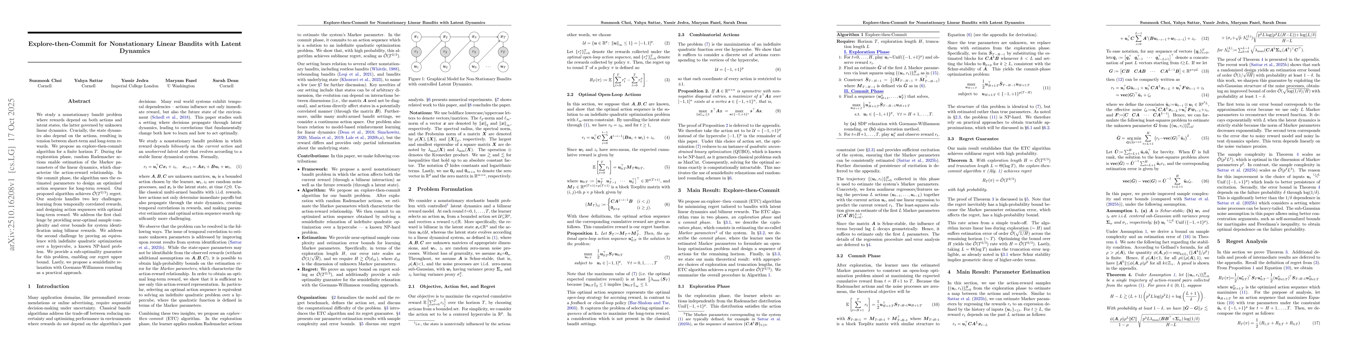 Thumbnail for Explore-then-Commit for Nonstationary Linear Bandits with Latent
  Dynamics