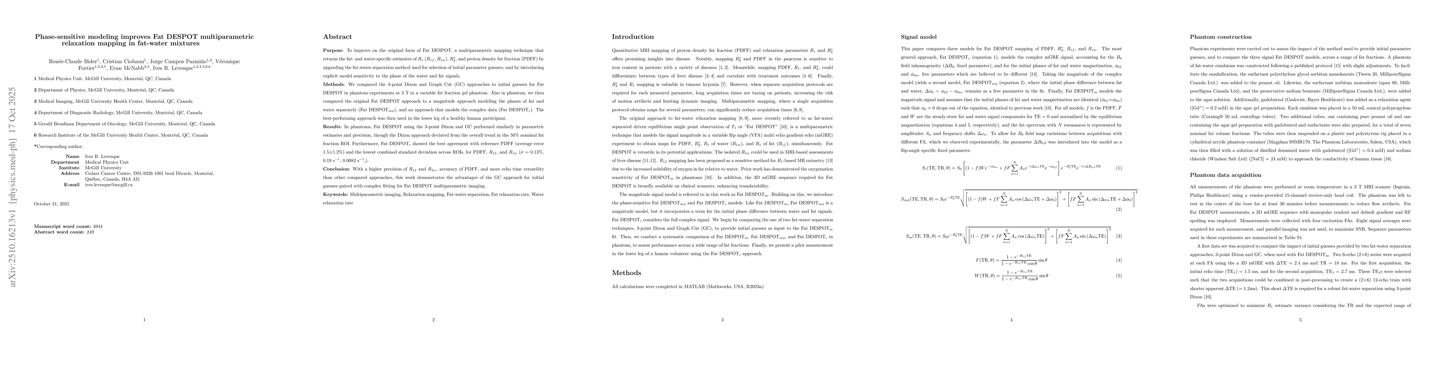 Thumbnail for Phase-sensitive modeling improves Fat DESPOT multiparametric relaxation
  mapping in fat-water mixtures