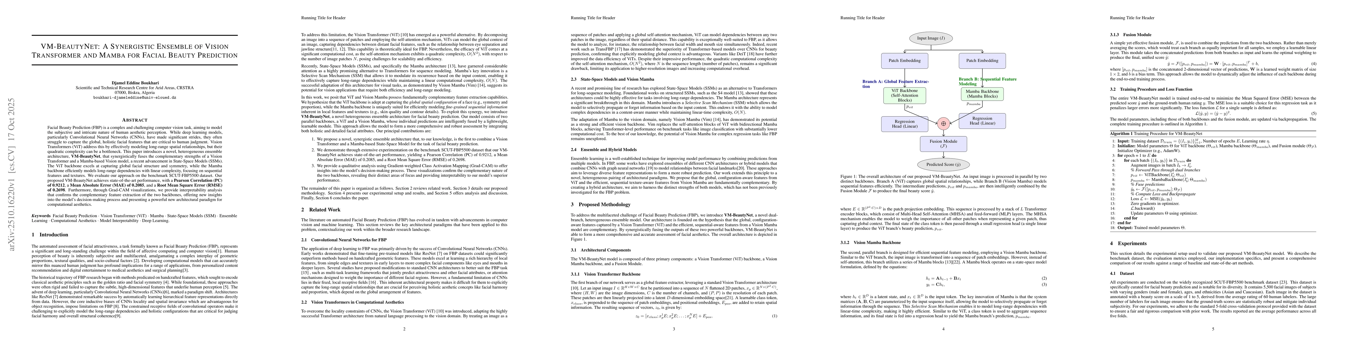 Thumbnail for VM-BeautyNet: A Synergistic Ensemble of Vision Transformer and Mamba for
  Facial Beauty Prediction