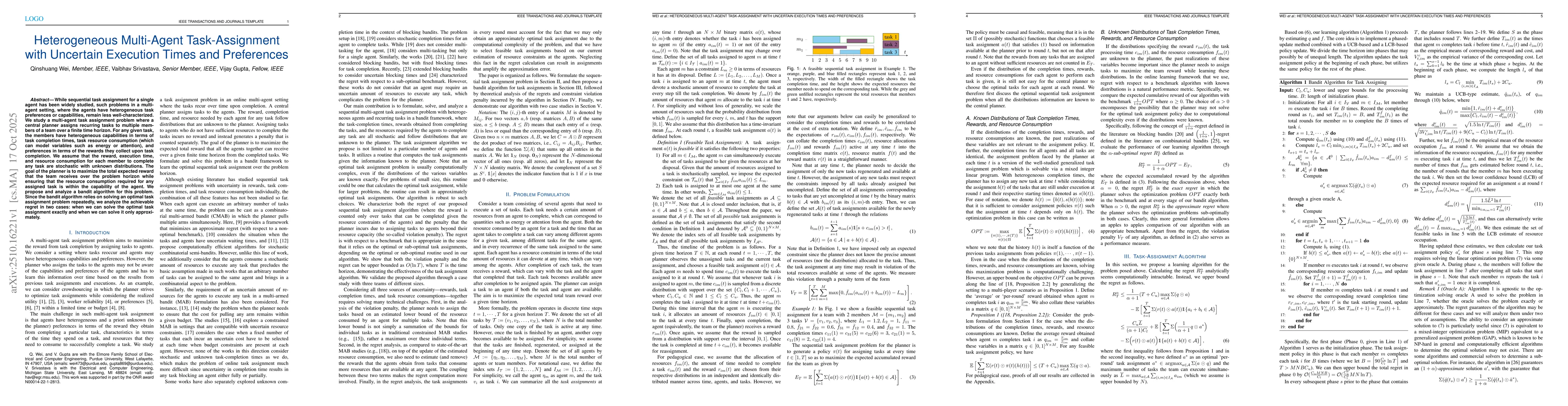 Thumbnail for Heterogeneous Multi-Agent Task-Assignment with Uncertain Execution Times
  and Preferences