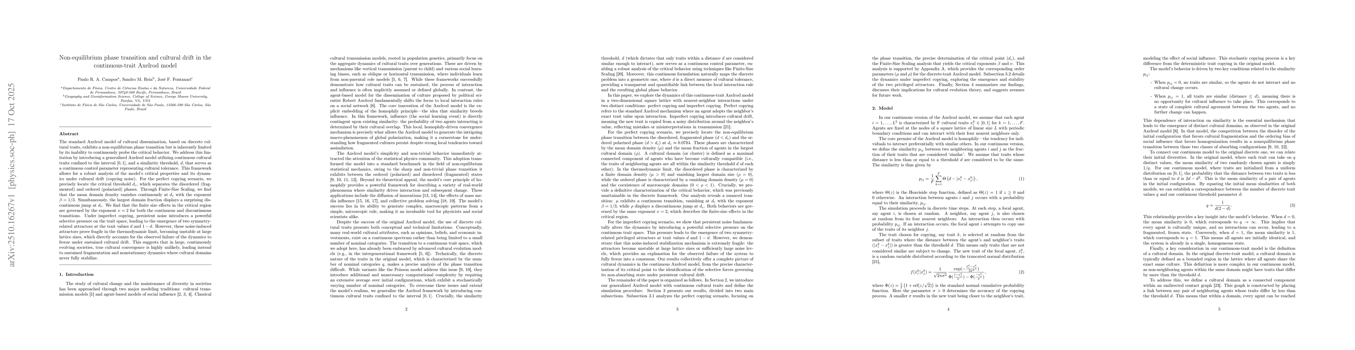 Thumbnail for Non-equilibrium phase transition and cultural drift in the
  continuous-trait Axelrod model