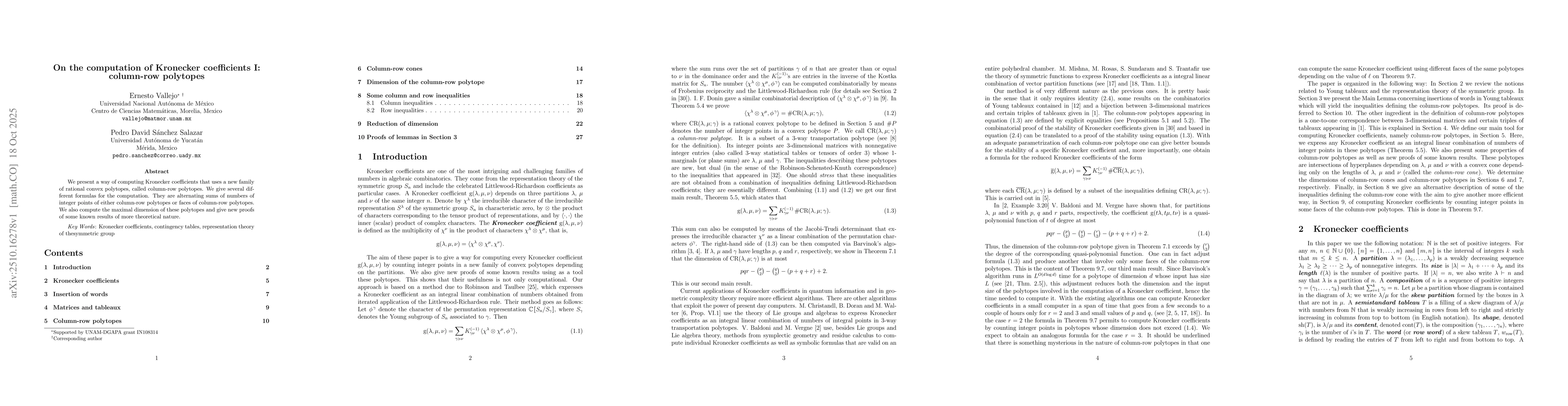 Thumbnail for On the computation of Kronecker coefficients I: column-row polytopes
