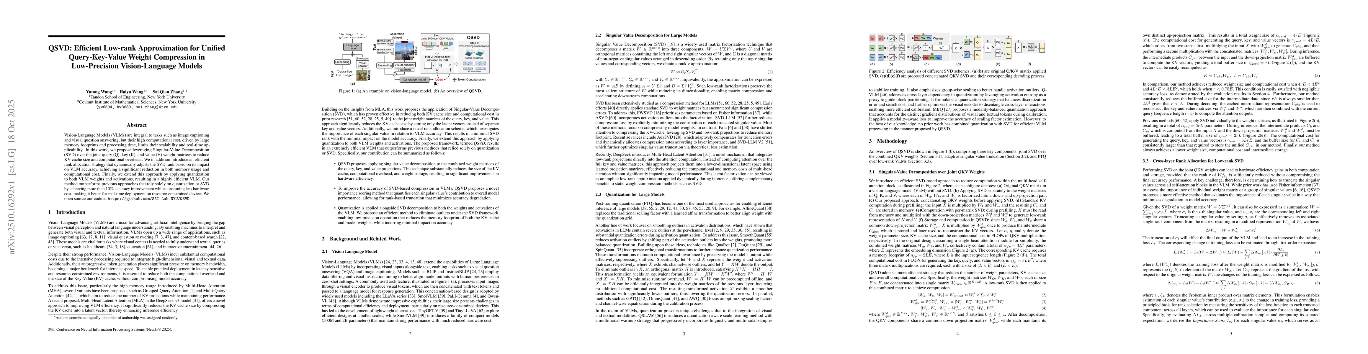 Thumbnail for QSVD: Efficient Low-rank Approximation for Unified Query-Key-Value
  Weight Compression in Low-Precision Vision-Language Models