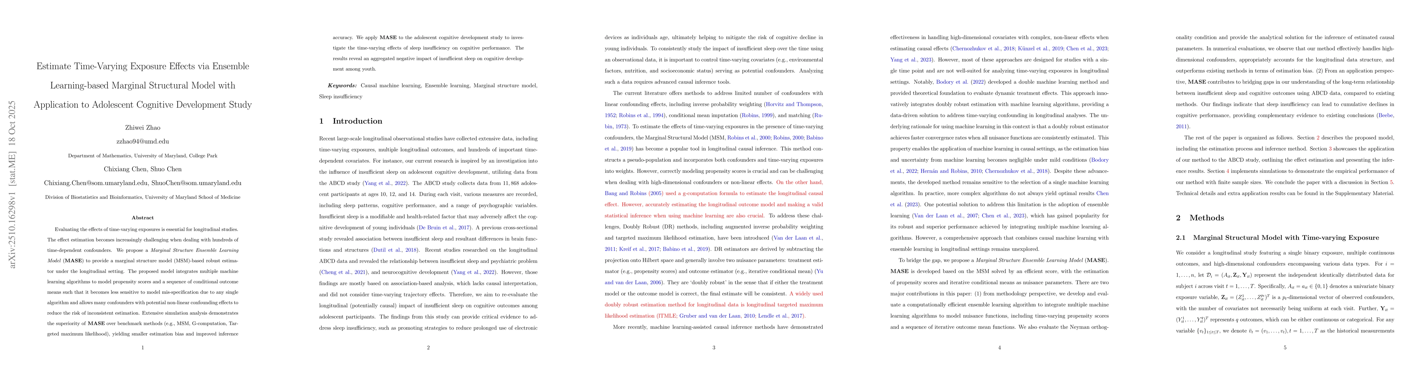 Thumbnail for Estimate Time-Varying Exposure Effects via Ensemble Learning-based
  Marginal Structural Model with Application to Adolescent Cognitive
  Development Study