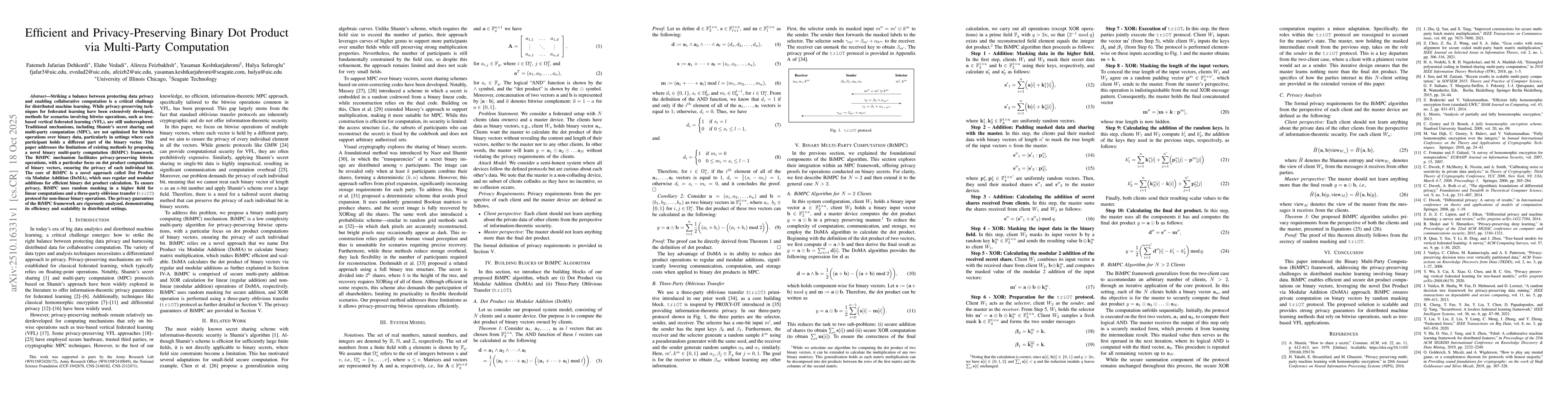 Thumbnail for Efficient and Privacy-Preserving Binary Dot Product via Multi-Party
  Computation