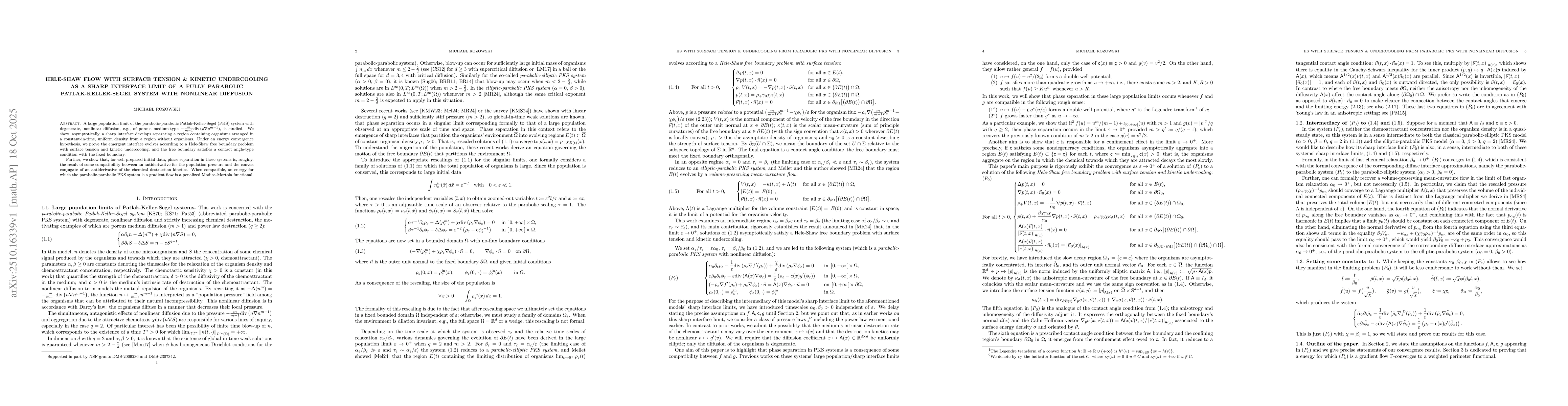 Thumbnail for Hele-Shaw flow with surface tension and kinetic undercooling as a sharp
  interface limit of a fully parabolic Patlak-Keller-Segel system with
  nonlinear diffusion