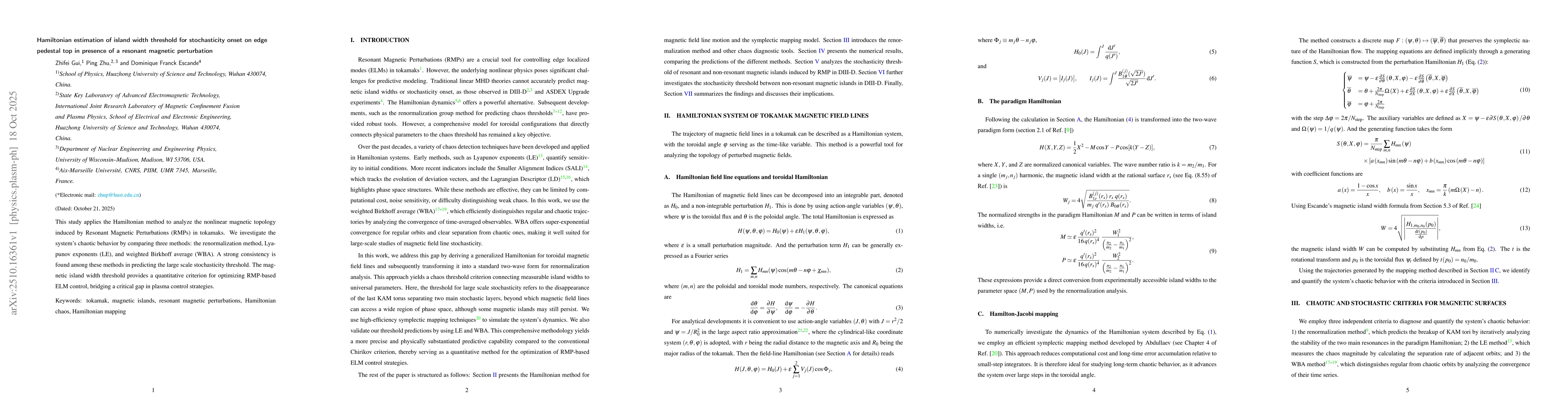Thumbnail for Hamiltonian estimation of island width threshold for stochasticity onset
  on edge pedestal top in presence of a resonant magnetic perturbation
