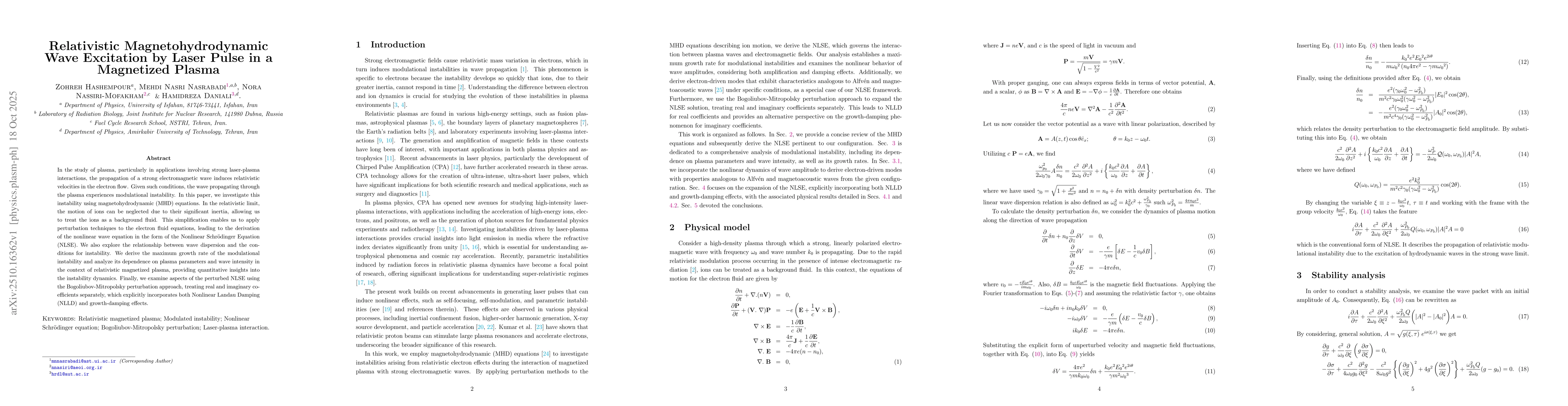 Thumbnail for Relativistic Magnetohydrodynamic Wave Excitation by Laser Pulse in a
  Magnetized Plasma